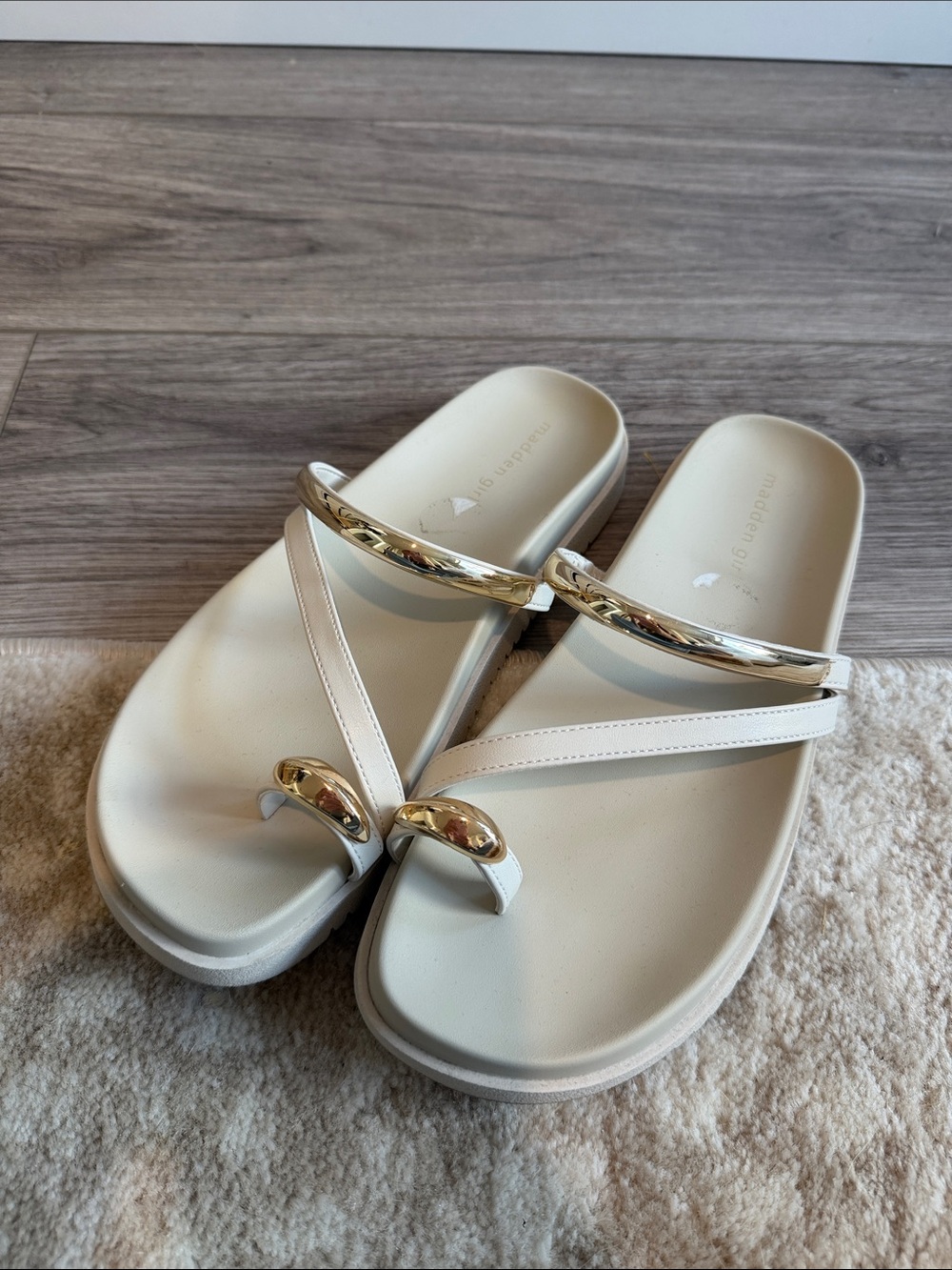 Madden Girl White Slide Sandals with Gold Trim